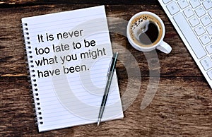 It is never too late to be what you might have been. Inspirational quote photo