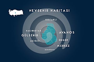 Nevsehir districts Acigol, Avanos, Derinkuyu, Gulsehir, Hacibektas, Kozakli, Urgup map, Turkey