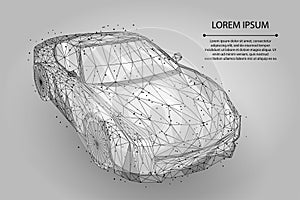 Abstract mash line and point high speed motion car. Polygonal low poly fast drive, vehicle road travel concept