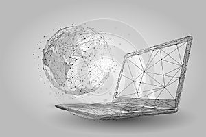 Low poly wireframe Global World. Planet Earth on laptop screen photo