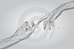 Low poly wireframe human hands touching with fingers from lines, triangles and particles. photo