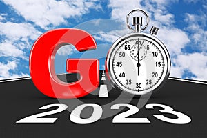 New 2023 Year Concept. Stopwatch as Go Sign over 2023 New Year Road. 3d Rendering