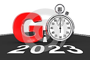 New 2023 Year Concept. Stopwatch as Go Sign over 2023 New Year Road. 3d Rendering