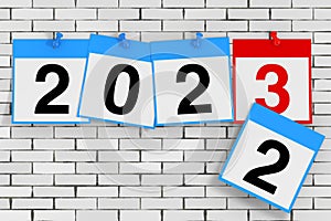New 2023 Year Start Concept. Calendar Sheets with 2023 New Year Sign. 3d Rendering
