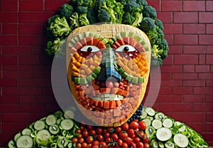 Nature\'s Portrait: Mosaic Face Crafted from Fresh Fruits and Vegetables photo