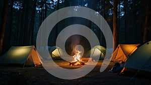 Campfire at Night Surrounded by Tents in a Forest