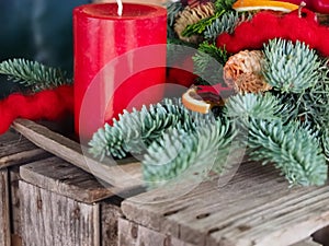 New Advent wreath with real red candles and Christmas decorations
