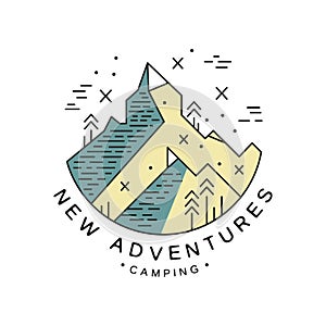 New adventures camping logo design, adventure, camping, alpinism, mountaineering and outdoor activity emblem vector