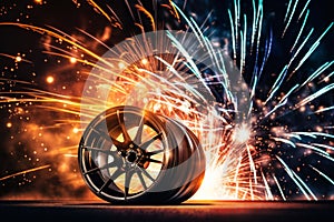 new alloy car wheels on the background of fireworks and festive background illumination