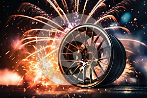 new alloy car wheels on the background of fireworks and festive background illumination