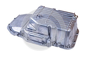 New aluminum car engine oil pan on white background