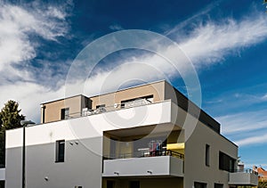 New apartment building with clear blue sky in French city of Strasbourg