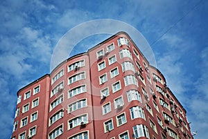 New apartment house . multi storey houses modern . High rise residential buildings under the blue sky . Facade of modern multi-