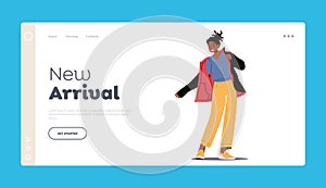 New Arrival Landing Page Template. African Female Character Dressing Up Warm Coat. Woman Put on Winter or Autumn Clothes