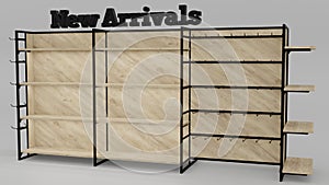 New Arrivals loft-style shopping shelves 3D render. wood and metal