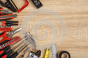 New of assorted work tools on wood with copy space for text