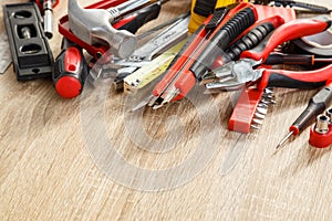 New of assorted work tools on wood with copy space for text