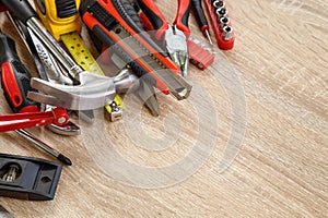 New of assorted work tools on wood with copy space for text