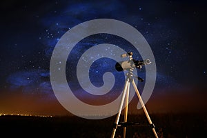 New astronomy telescope outdoors, space for text. Picturesque view of shiny stars at night