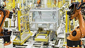 New automated machinery at production factory. Scene. Robotic machines in machine-building production. Latest