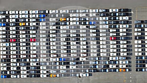 New automobiles background which lined up in the port for import and export business logistic to dealership for sale,Abovel view