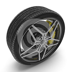 New automotive wheel with light alloy disc isolated on white. 3D illustration