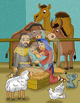 New baby born in stable cartoon illustration