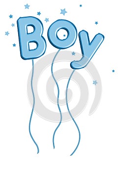 New baby, boy, pale blue balloons and stars isolated on white.