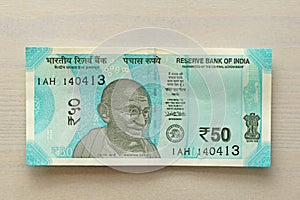 A new banknote of India with a denomination of 50 rupees. Indian