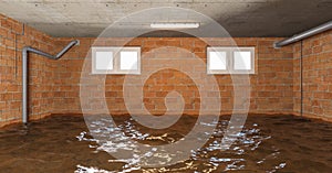 New basement under construction under water or flooding with with hollow blocks wall