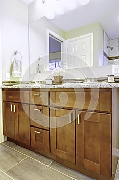 New bathroom interior with cherry sink cabinet.