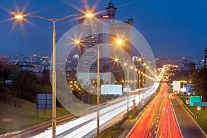 New Belgrade and city highway with light trails at night