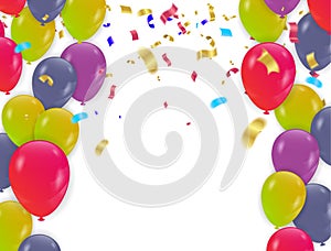 New Birthday celebration with colorful confetti.Color Glossy Balloons and ribbons/Happy greeting card