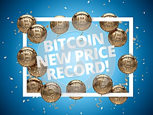New Bitcoin price record celebration poster. Shiny Balloons with Bitcoin logos around Square Frame.