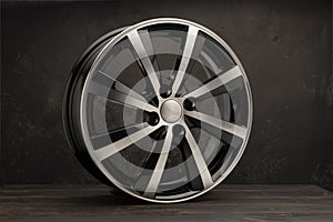 new black alloy wheels on a dark textured black background. wheel for car spare parts auto repair tire shop,