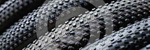 New black bicycle tires with different treads closeup