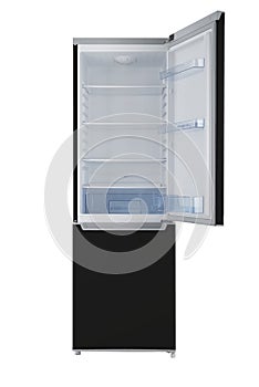 Black refrigerator Isolated on White Background. Modern Kitchen and Domestic Major Appliances