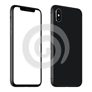 New black smartphone similar to iPhone X mockup front and back sides CCW rotated isolated on white background photo