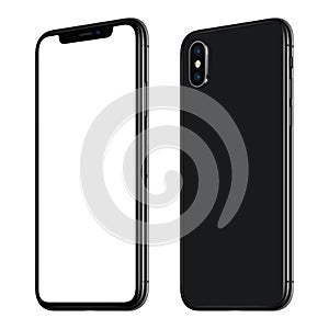 New black smartphone mockup similar to iPhone X front and back sides CW rotated isolated on white background photo