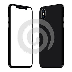 New black smartphone mockup similar to iPhone X front and back sides rotated and facing each other