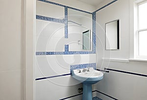 New blue bathroom design with Marble shower Surround. Luxury bathroom design with Marble shower Surround and mosaic accent tiles