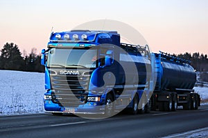 New Blue Scania Tank Truck Trucking in the Winter Twilight