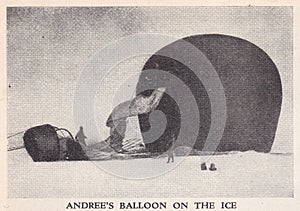 Vintage black and white photo of Salomon Andree`s balloon landing.