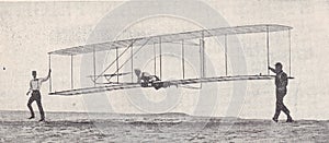 Vintage 1930s black and white photo of a Wright Brothers Glider 1902.