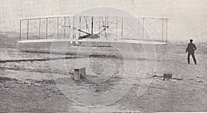 Vintage 1930s black and white photo of a Wright Brothers enginer Glider 1902.