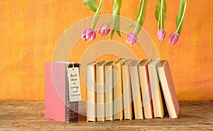 new book releases for spring 2023, gift wrapped books, hang tag and flowers, spring book fair, inspiration, reading, education,