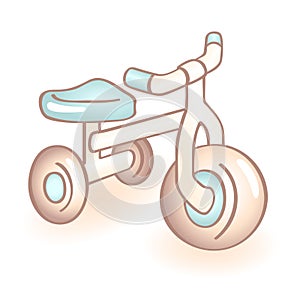 New born baby bike with three wheels, tricycle with blue details. Infant vector icon. Child item.