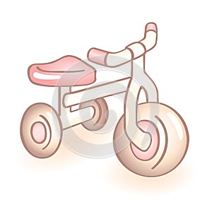 New born baby bike with three wheels, tricycle with pink details. Infant vector icon. Child item.