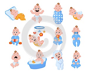 New born baby. Cartoon toddler boy and girl characters laughing and crying. Sleeping or playing little kids. Infants with diapers