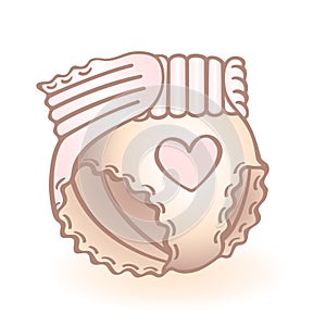 New born baby diaper, nappy with pink heart shaped decoration. Infant vector icon. Child item.